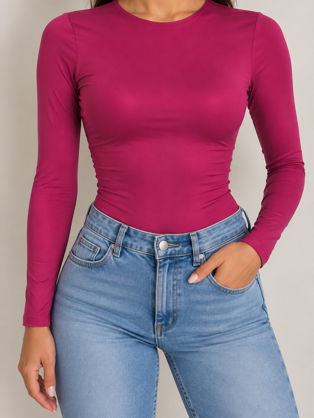 Zara Long Sleeve Crewneck Top in Magenta